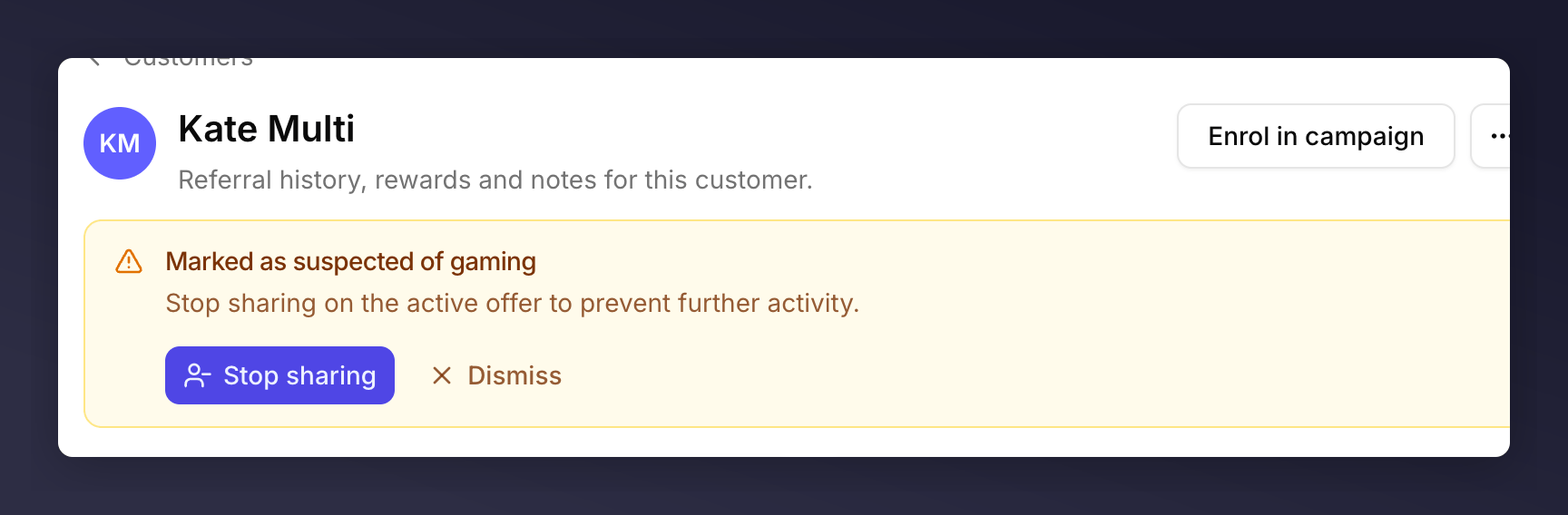 Yellow banner warning that the customer is suspected of gaming