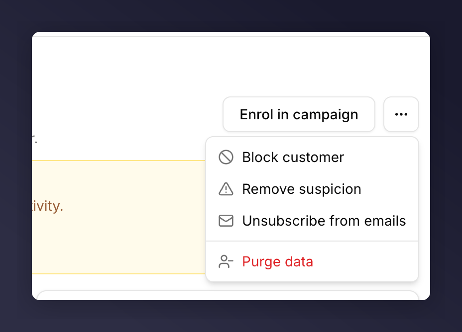 Actions menu showing Block customer, Remove suspicion, Unsubscribe from emails, Purge data