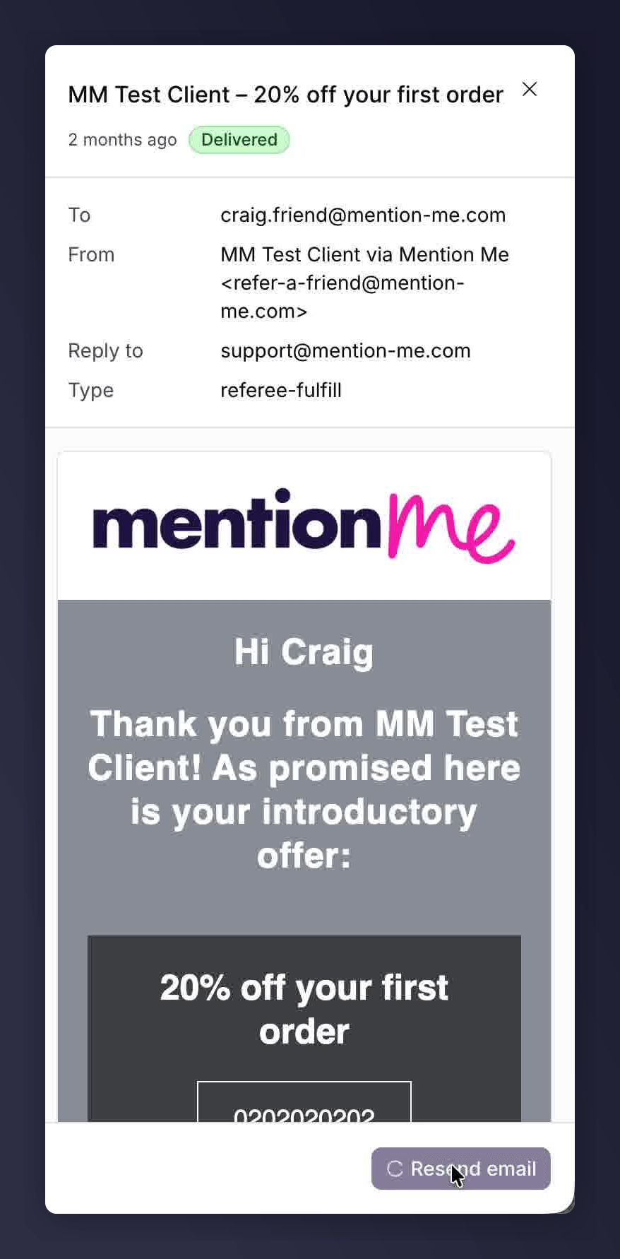 Email preview panel with a Resend email button