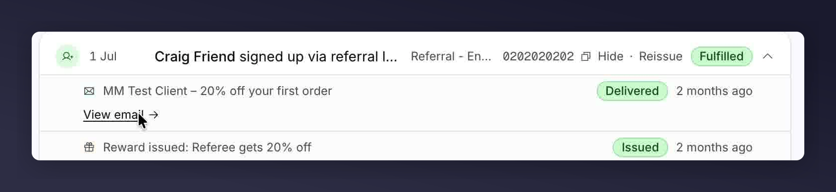 Activity feed showing a delivered email with a View email link
