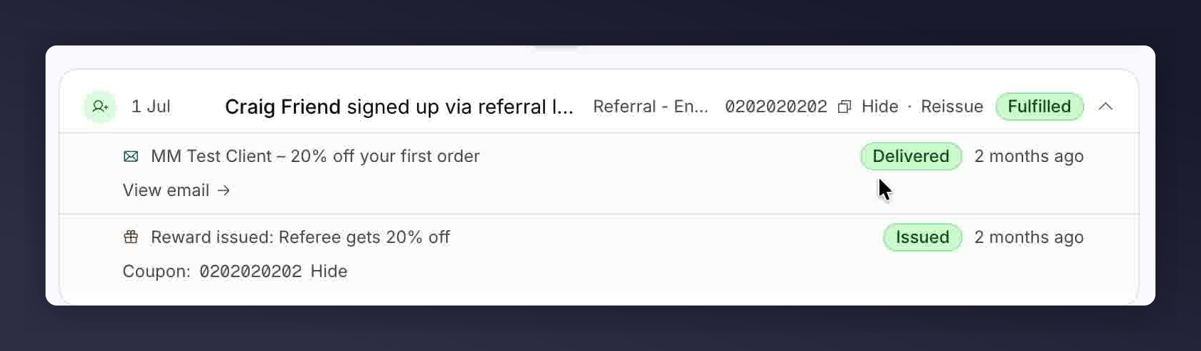 Activity feed with the reward code revealed