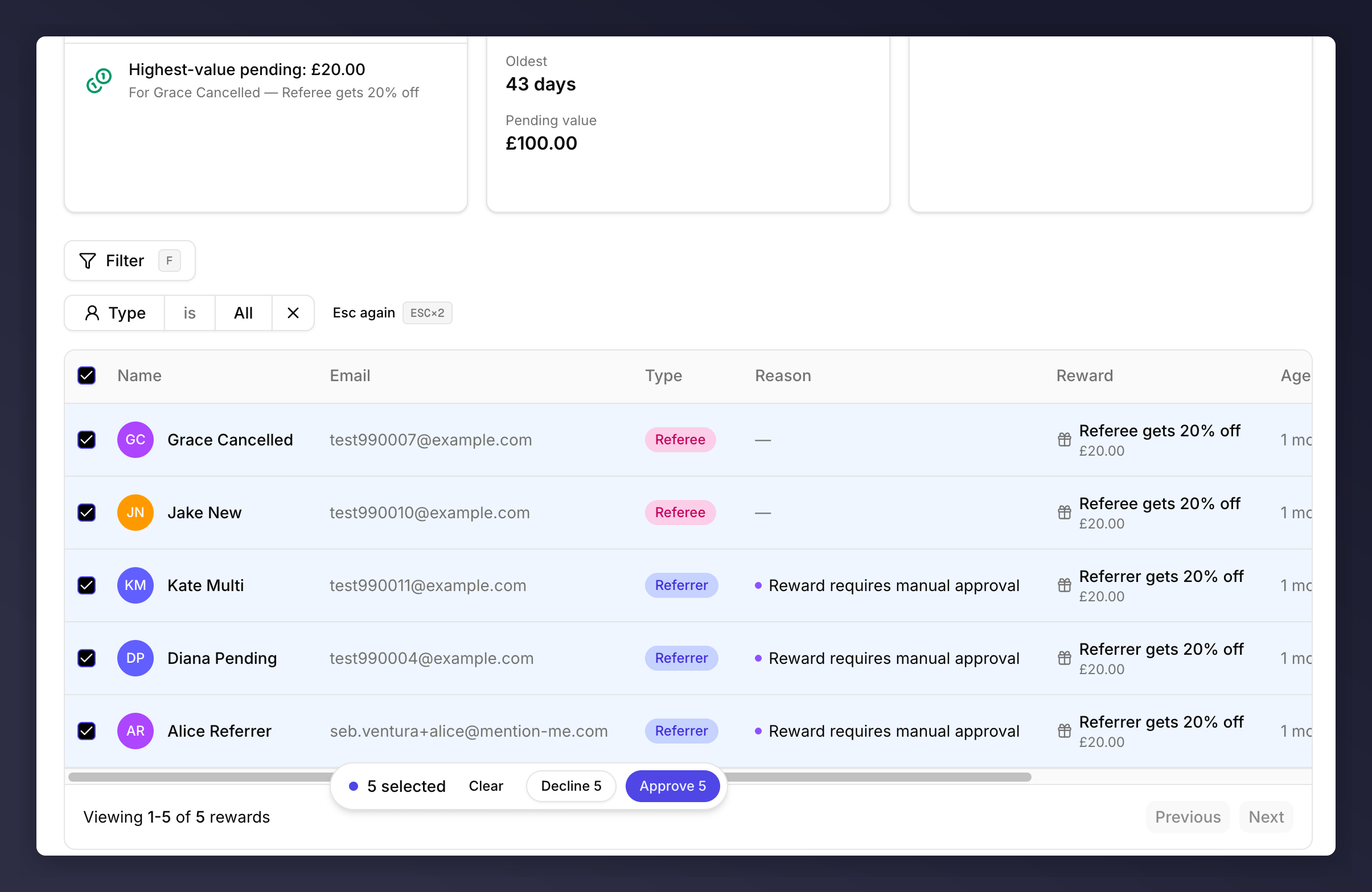 Floating bulk action bar showing 5 selected, Clear, Decline 5, and Approve 5