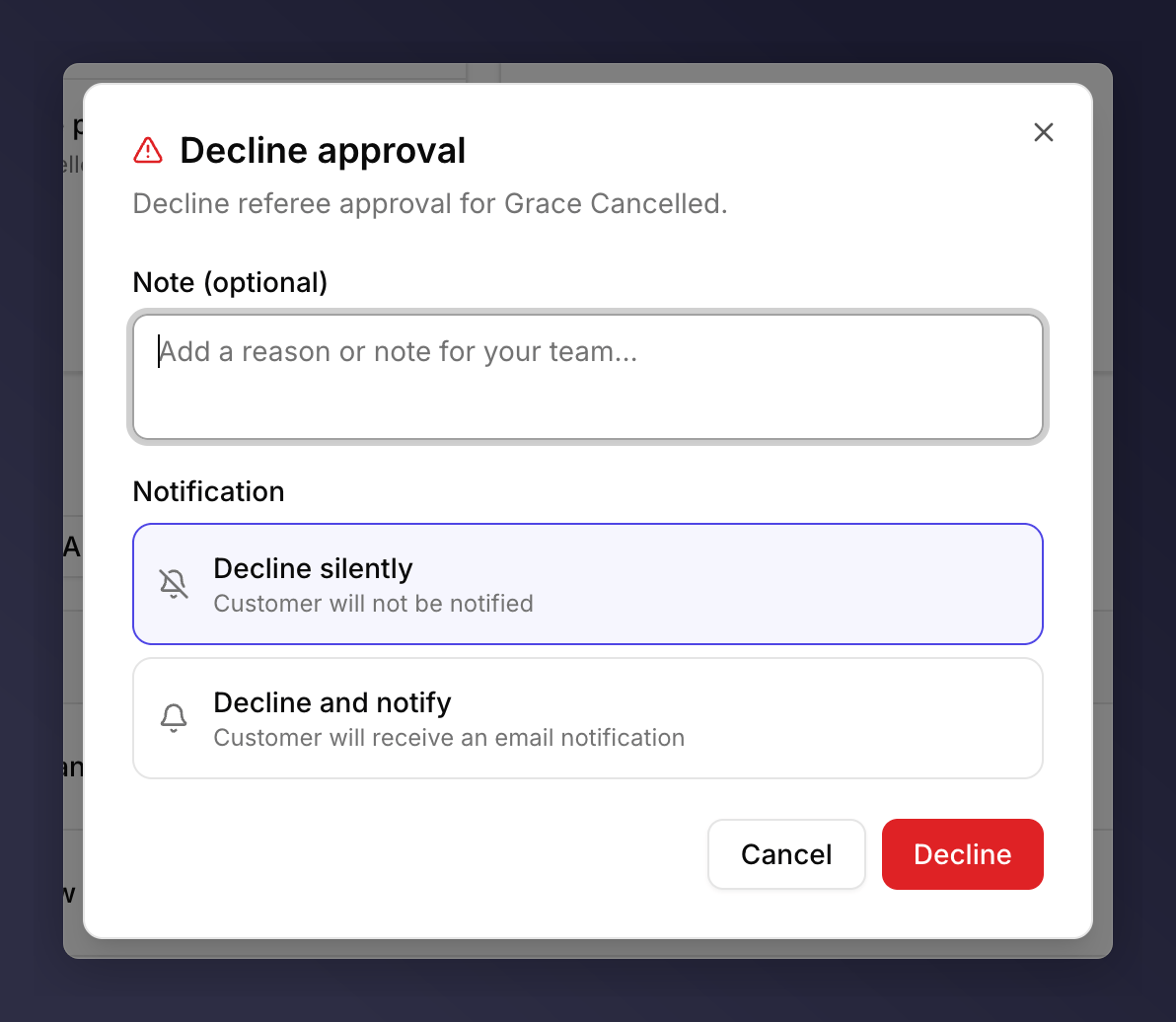 Decline dialog with a note field and Decline silently or Decline and notify options