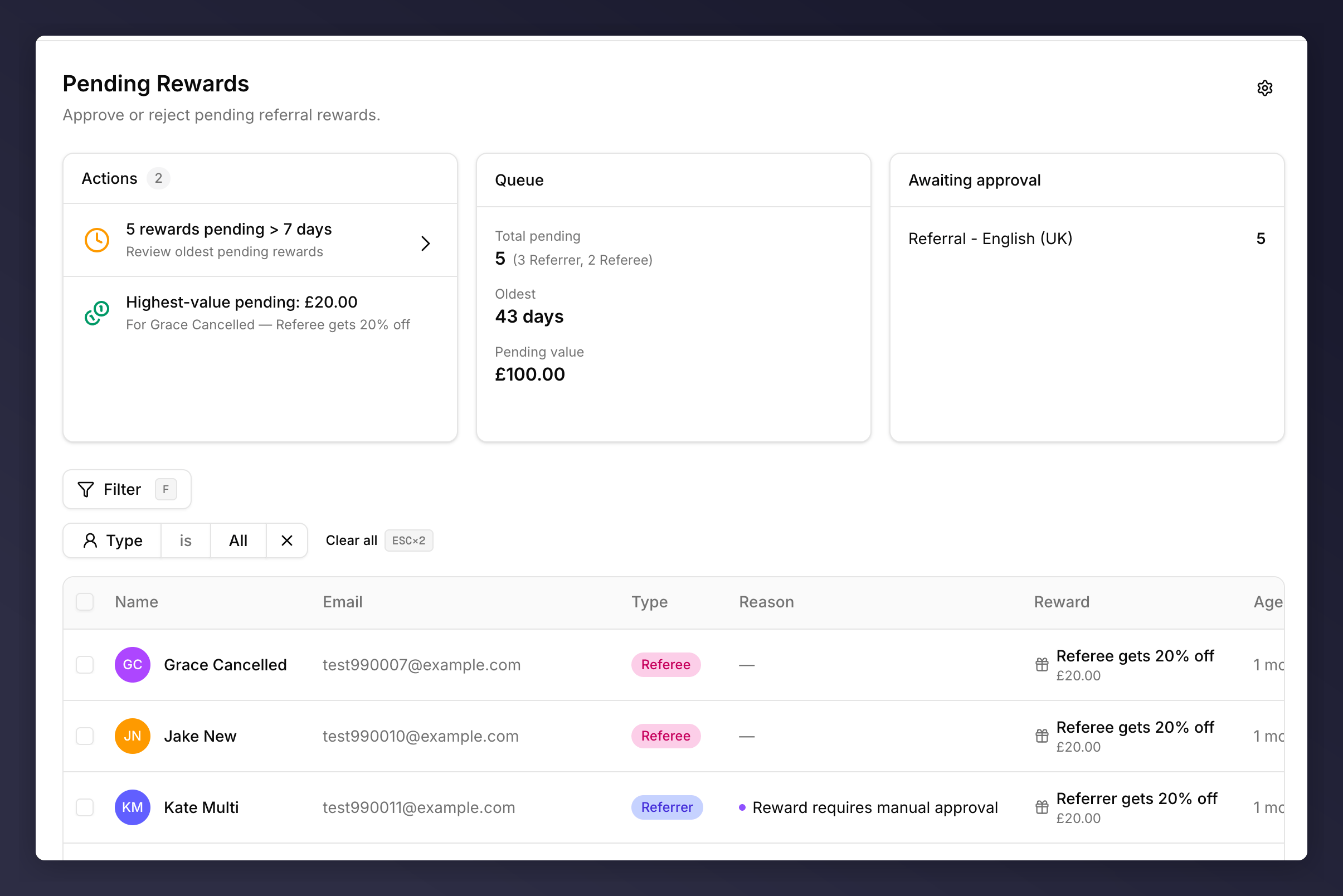 Pending Rewards page with Actions, Queue, Awaiting approval panels and a table of pending rewards