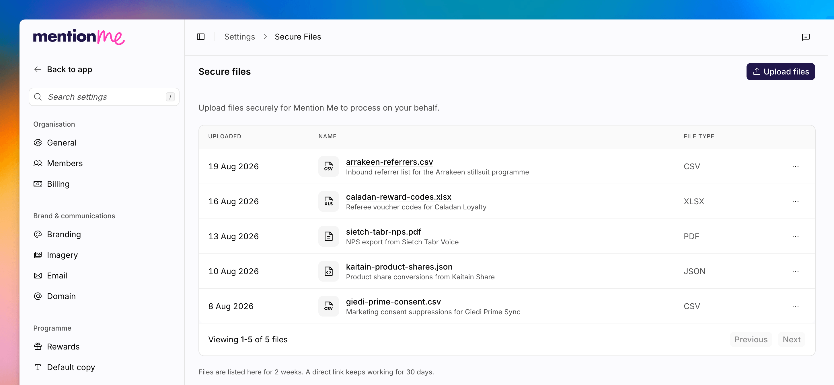 The Secure files page with a file list and the Upload files
button