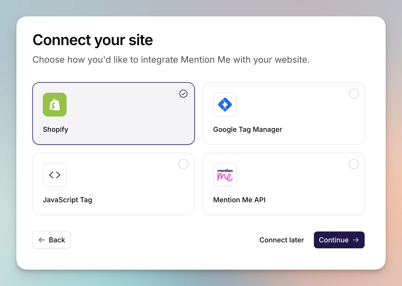 The Connect your site picker showing the four tracking integration methods