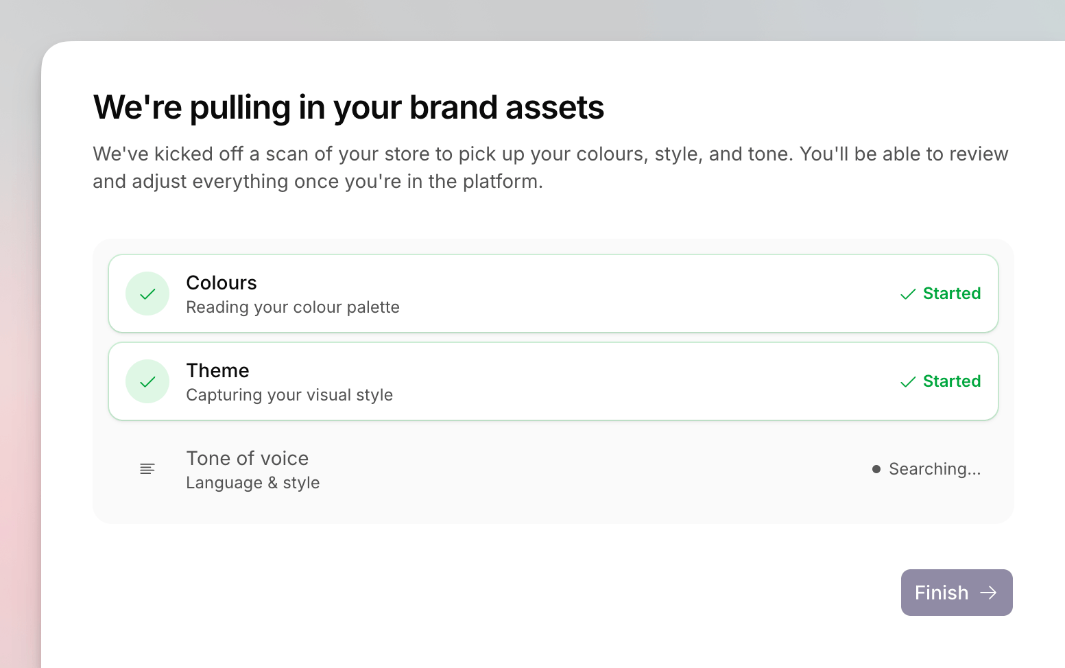 The Your brand step scanning colours, theme and tone