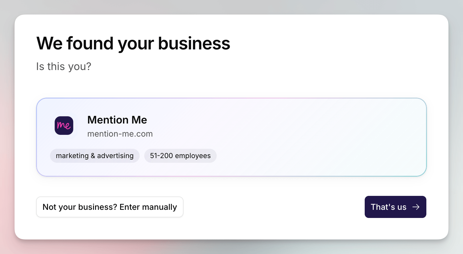 The Your business form with company name and website URL