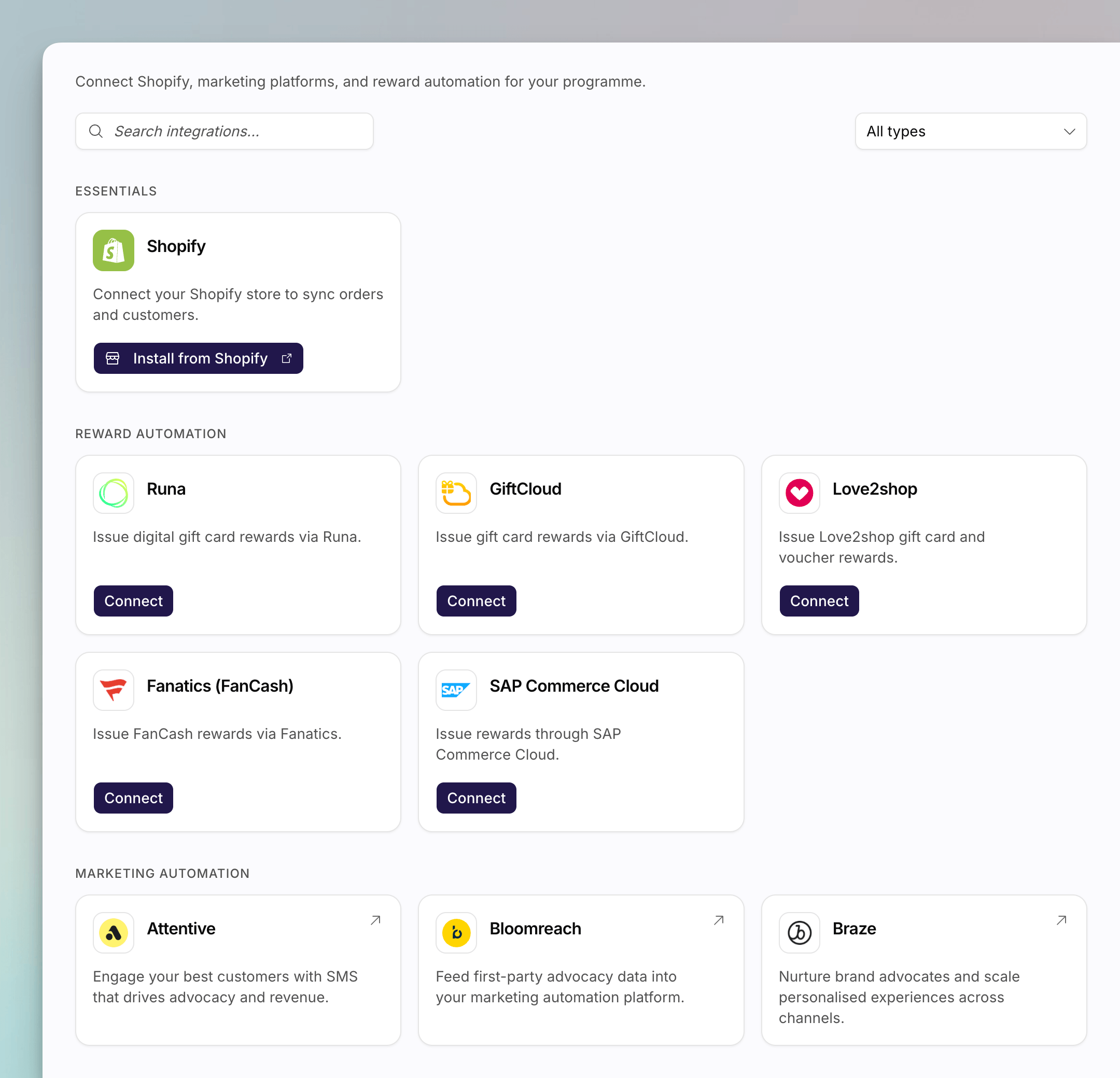 The Integrations directory showing Shopify, reward providers, and Classic
catalogue
cards