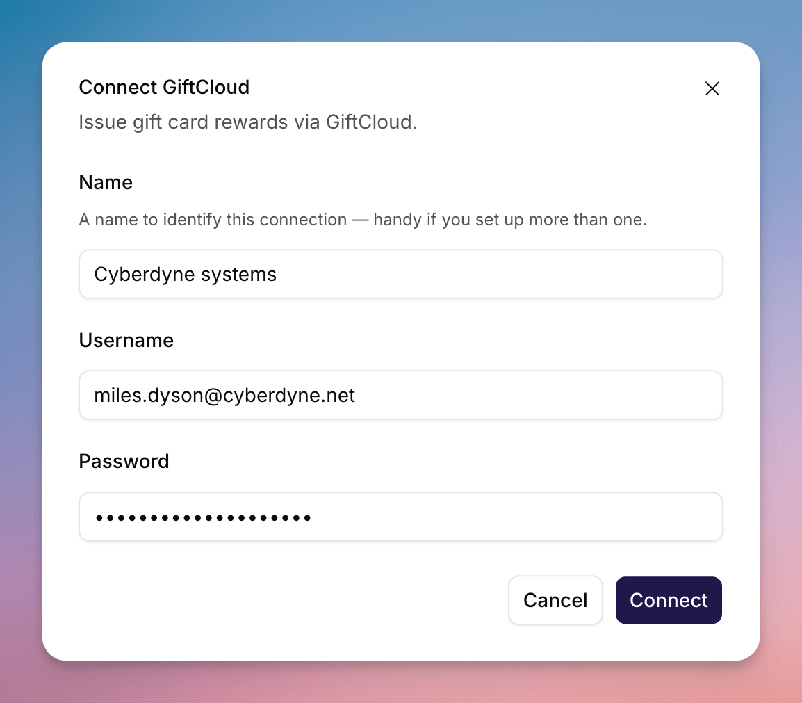 Connect GiftCloud dialog filled with a name, username, and password