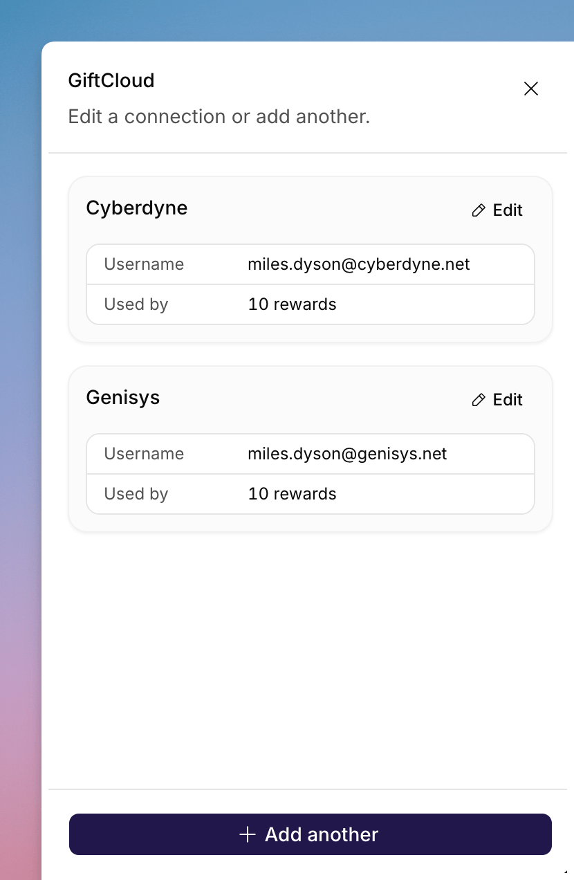 GiftCloud connections for Cyberdyne and Genisys, with Edit and Add another
