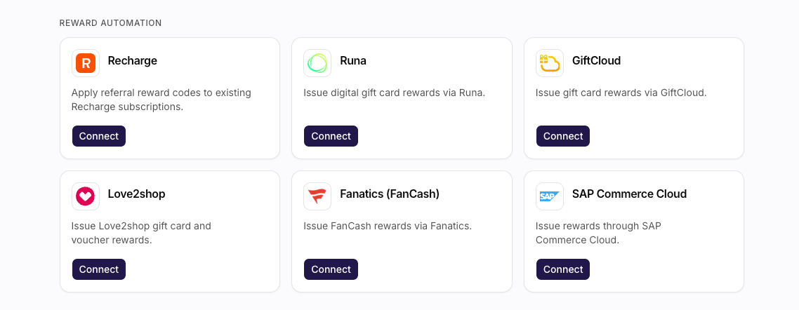 Reward automation cards for Recharge, Runa, GiftCloud, Love2shop, Fanatics, and SAP Commerce Cloud