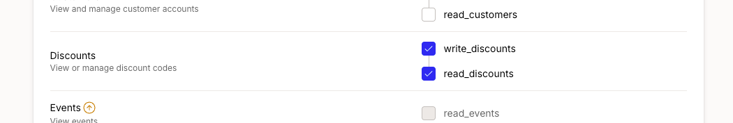 The Recharge API token scope screen with write_discounts and read_discounts checked under Discounts