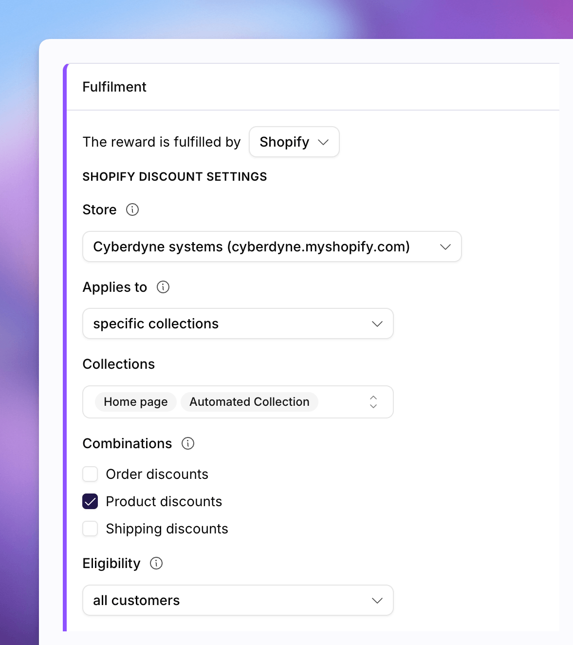 Shopify discount settings with store, specific collections, and eligibility