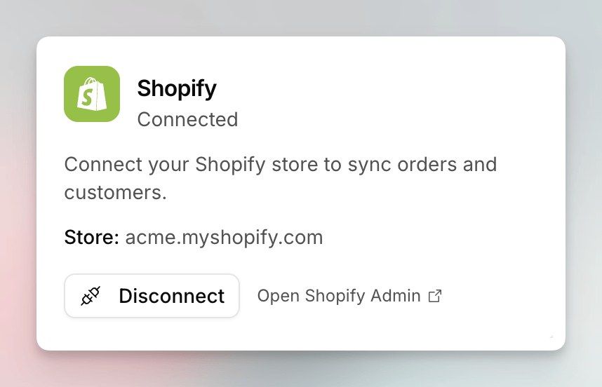 The Shopify card with a connected store domain and Disconnect
button
