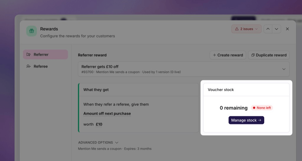 The Rewards Voucher stock card for uploading a batch of codes