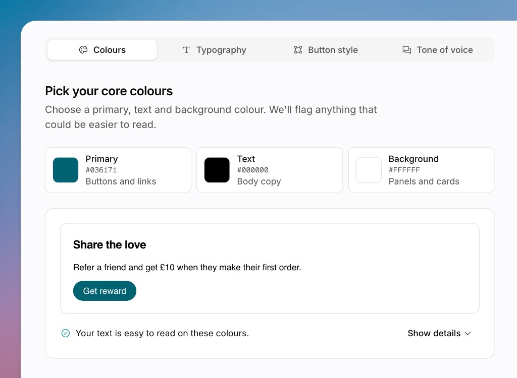 The Configure branding form showing colour, font and tone controls