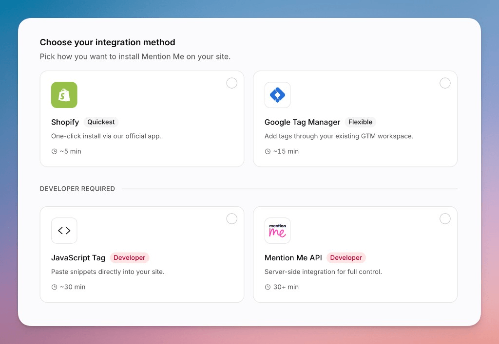 The integration selector showing the four installation methods