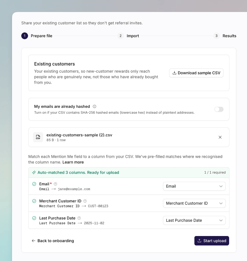 The customer upload wizard showing Prepare file and column mapping