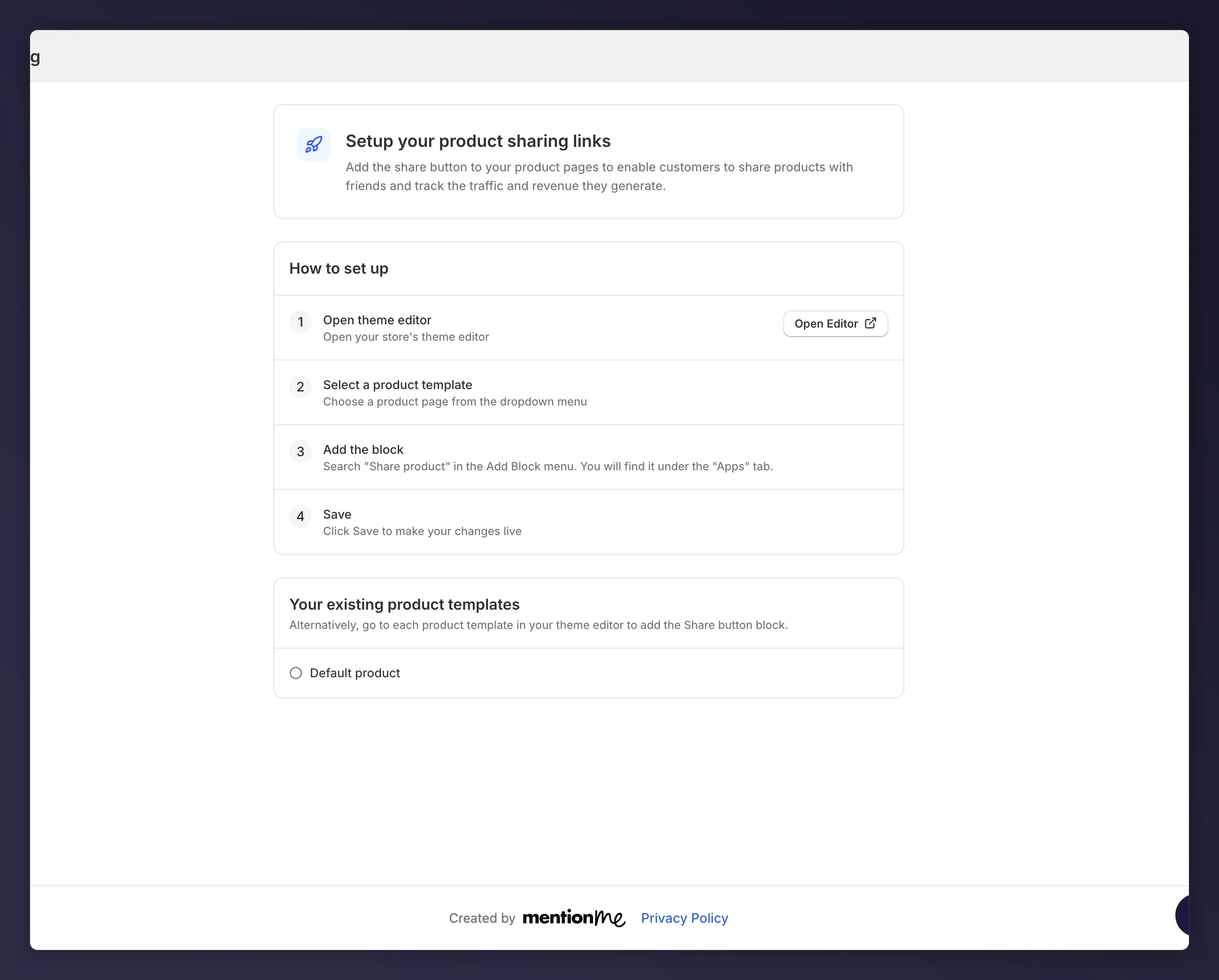 Mention Me app instructions for installing product sharing link