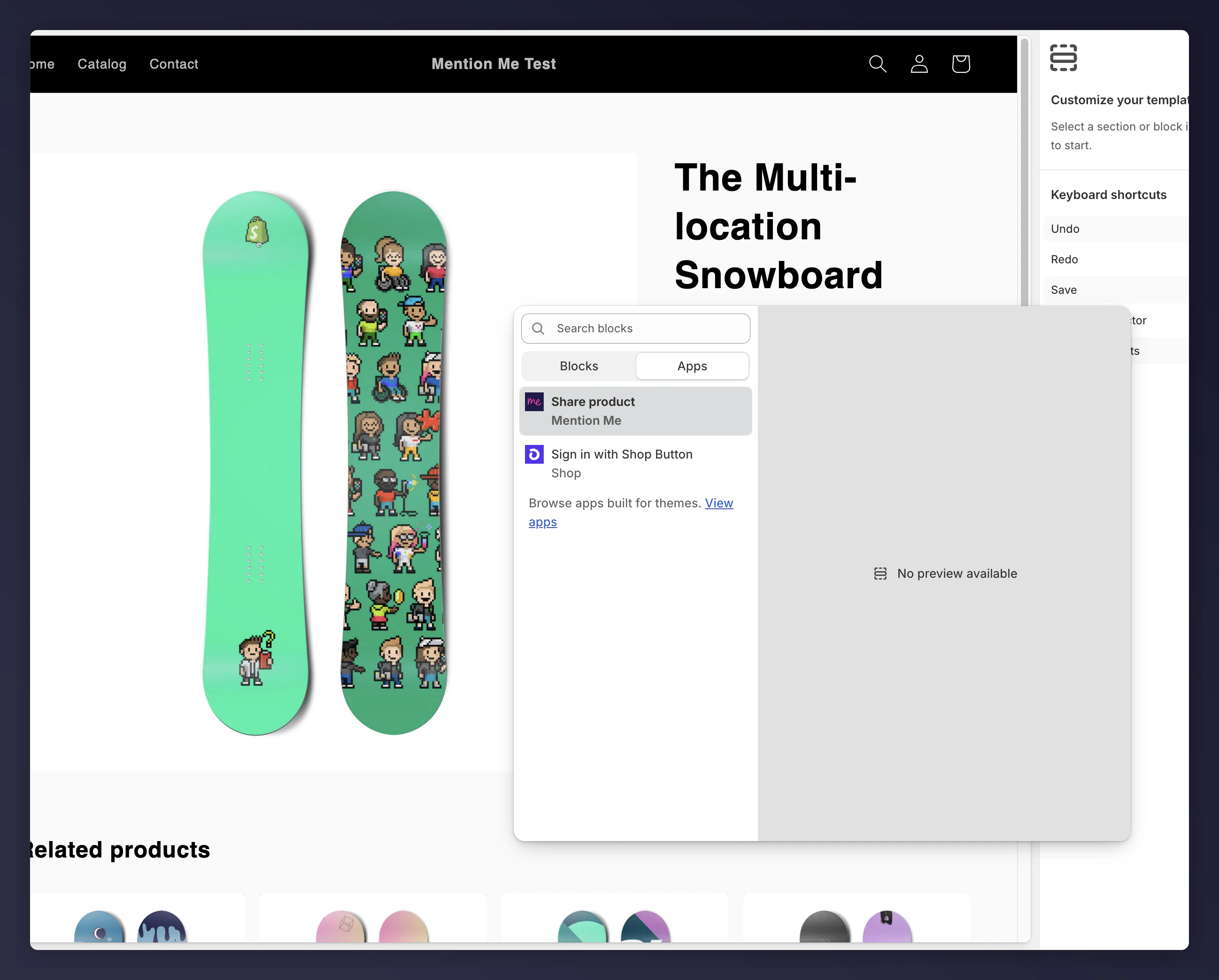 Selecting Share Product from the App block section