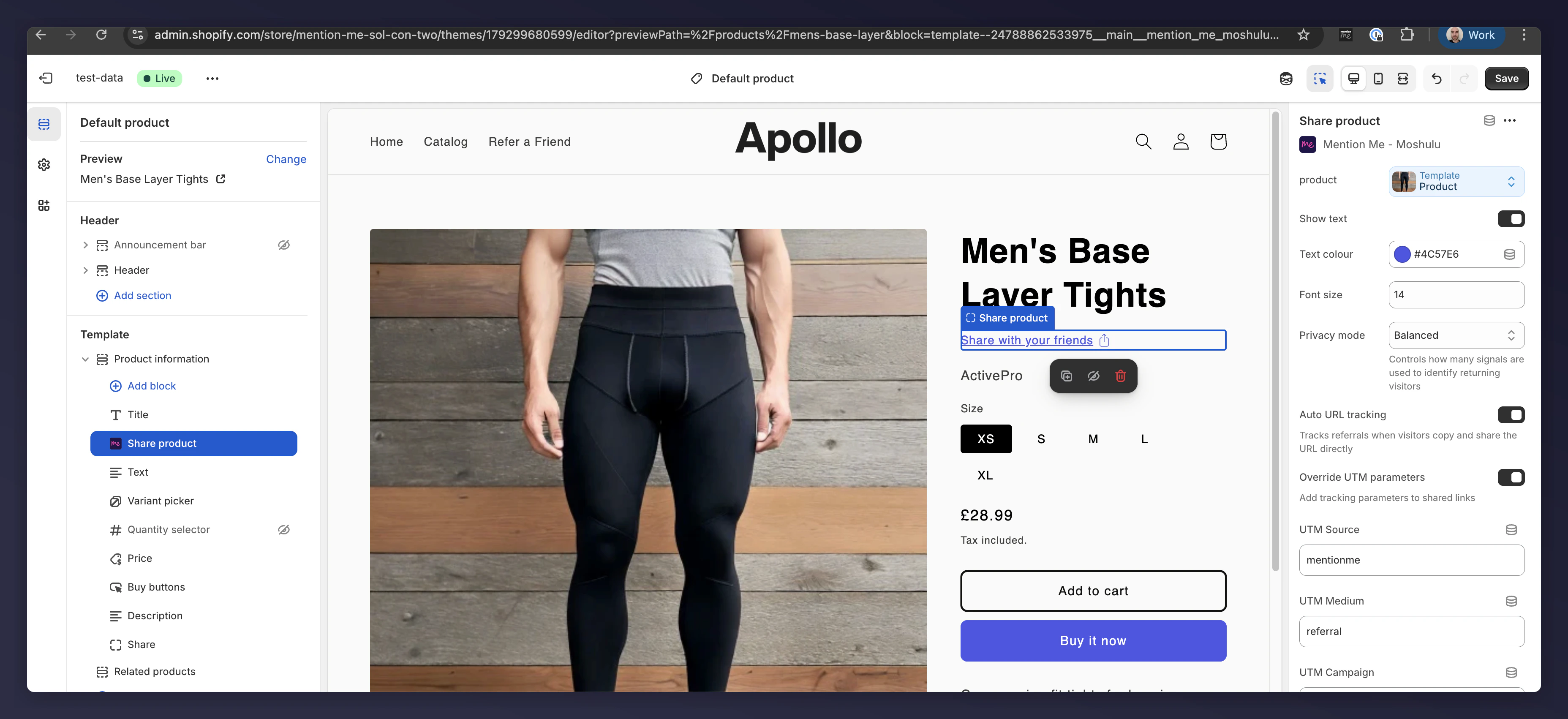 Share Product block configuration options in sidebar