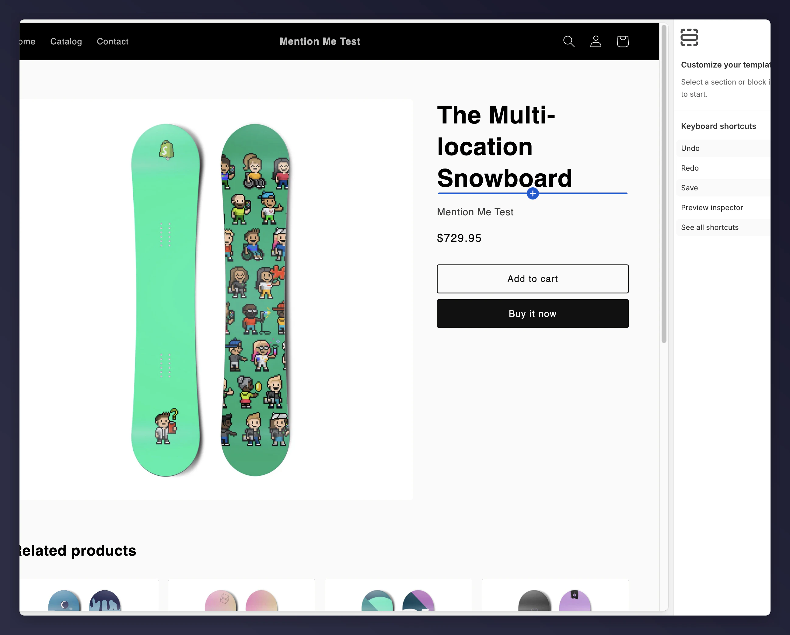 Shopify product page editor showing placement selector