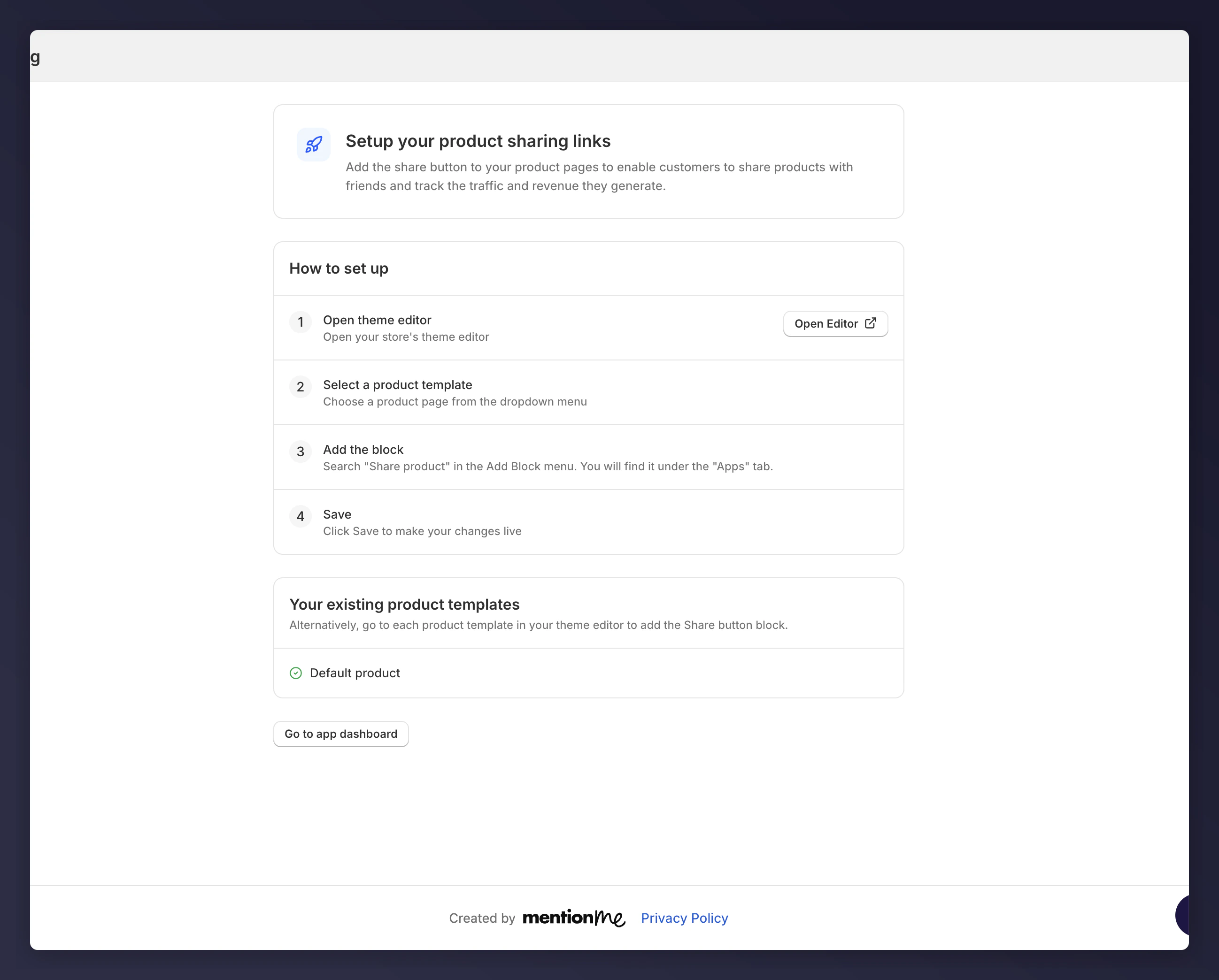 Product page with Share link live and tracking active
