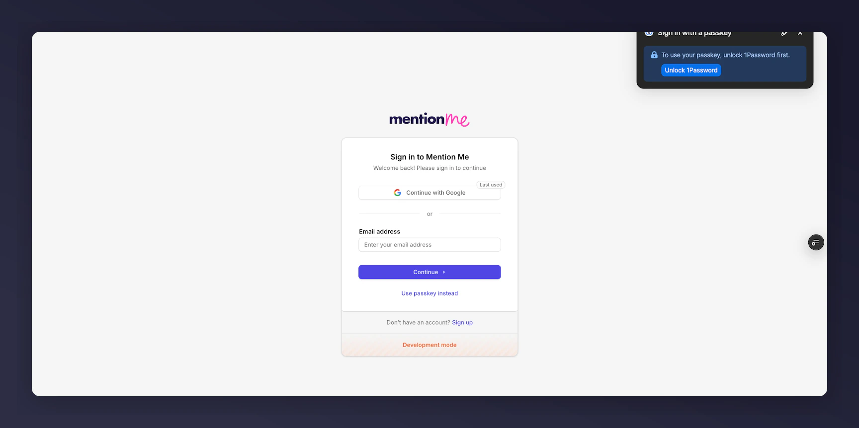 Mention Me sign in or create account screen