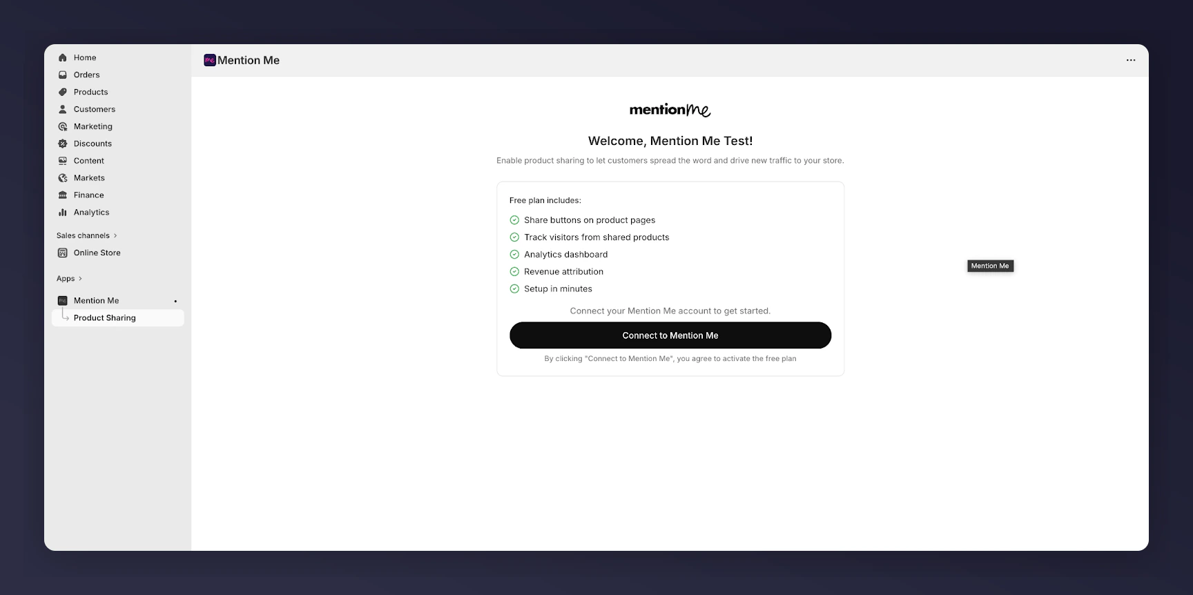 Mention Me app Connect to Mention Me screen
