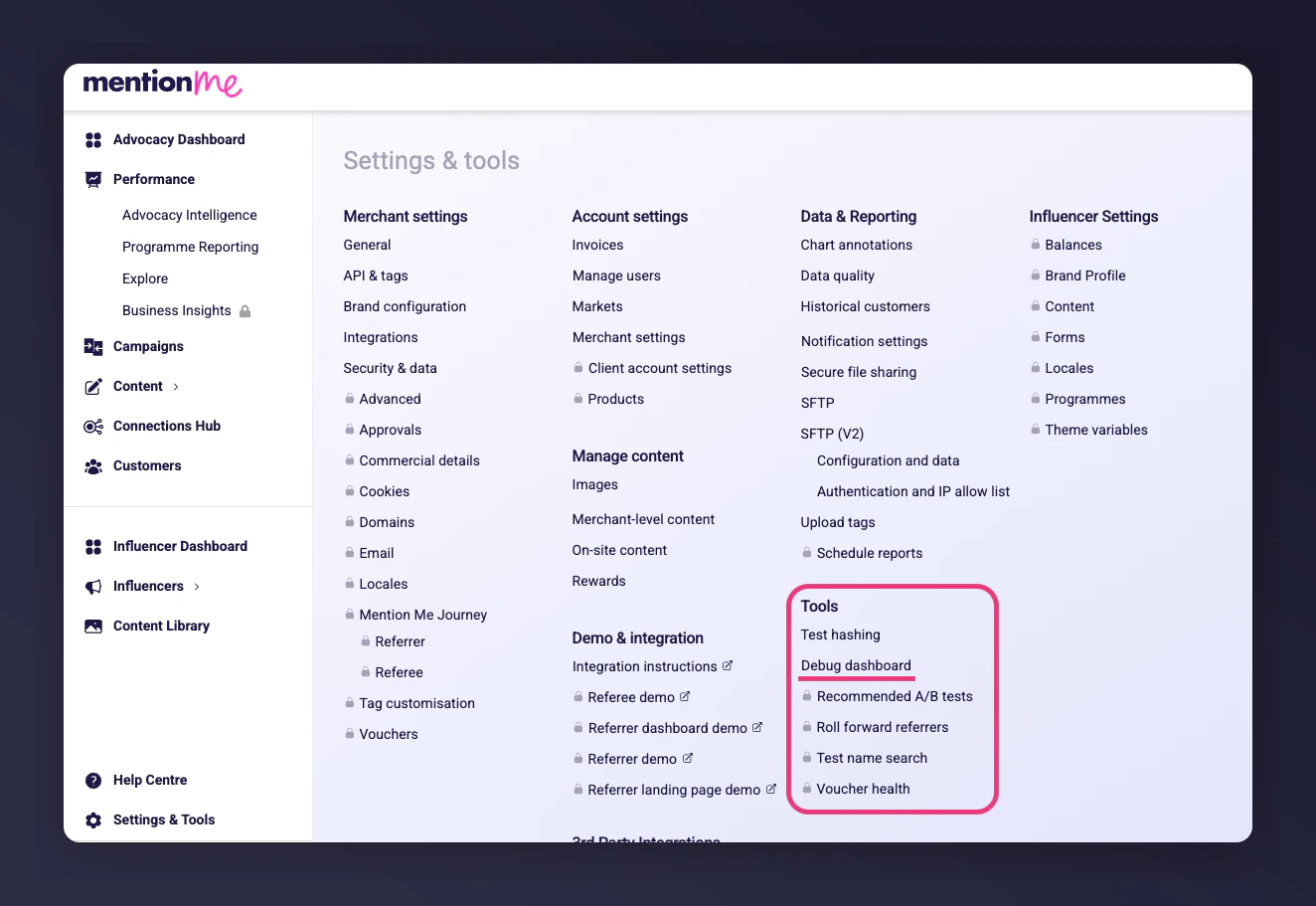 Debug Dashboard location in Settings and Tools menu