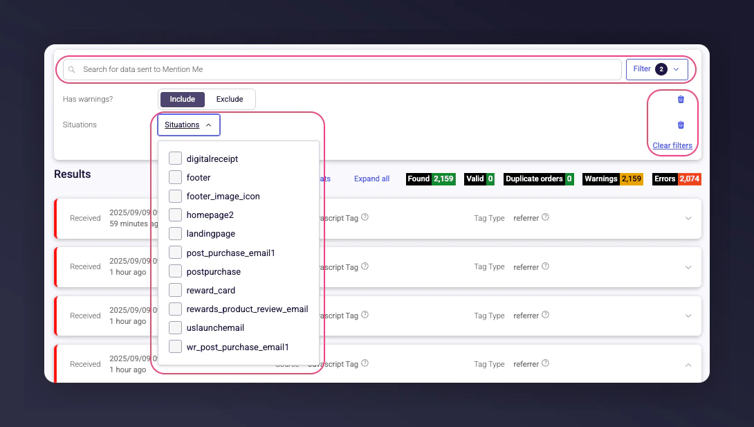 Debug Dashboard filter controls