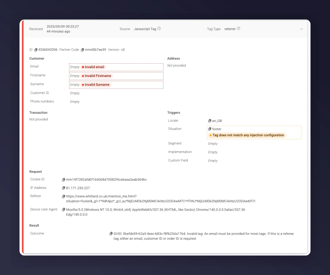 Debug Dashboard empty values appearing as errors