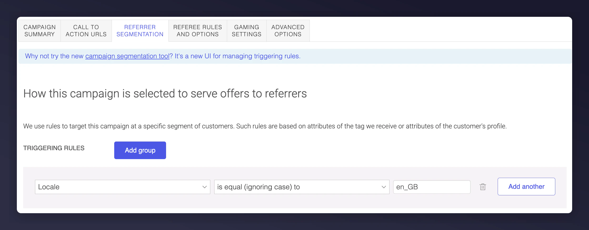 Campaign locale triggering rules in the Mention Me platform