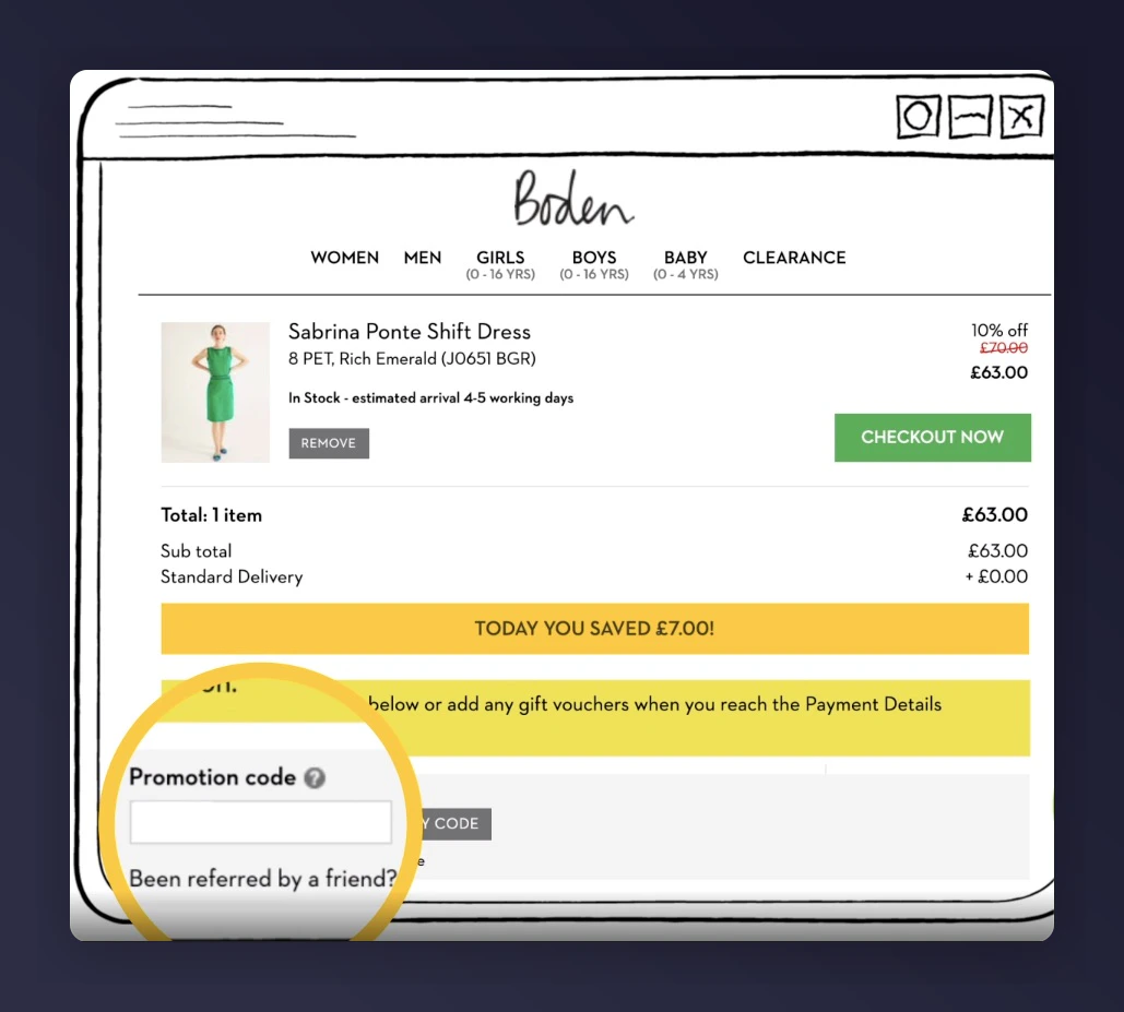 Referee tag in the checkout with "Been referred by a friend?" link