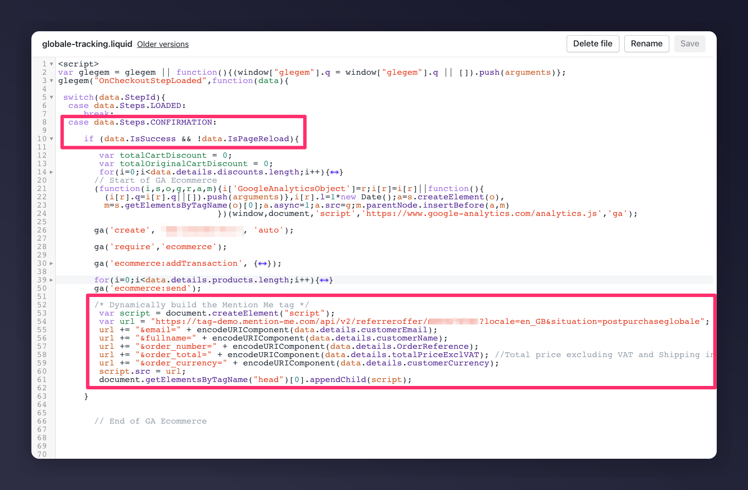 Shopify globale-tracking.liquid snippet with Mention Me referrer tag
