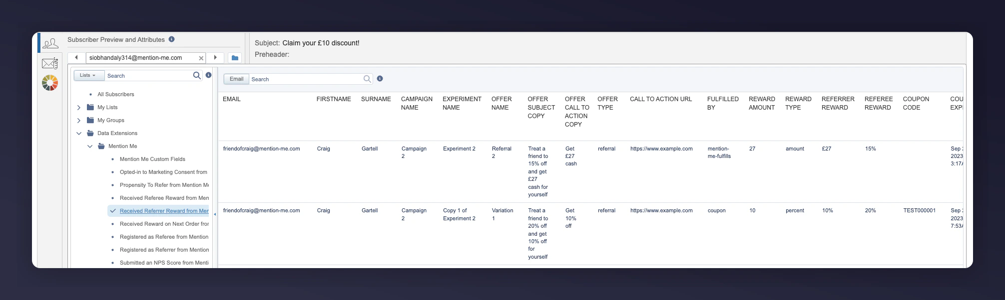 Selecting test entry from referrer reward data extension