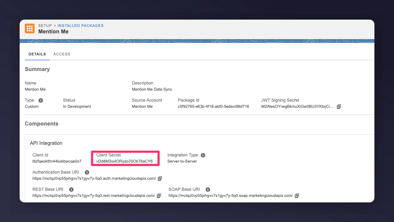 SFMC app showing Client Secret