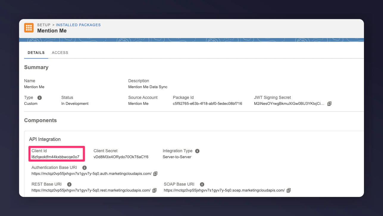 SFMC app showing Client ID
