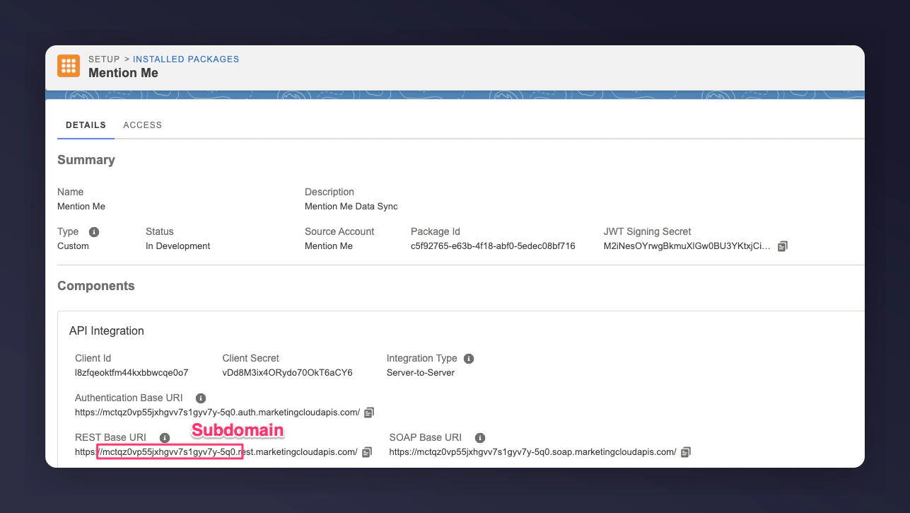 SFMC app showing REST Base URI for Subdomain