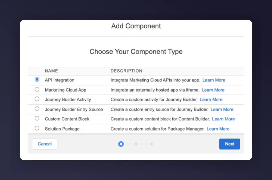 Selecting API Integration component type