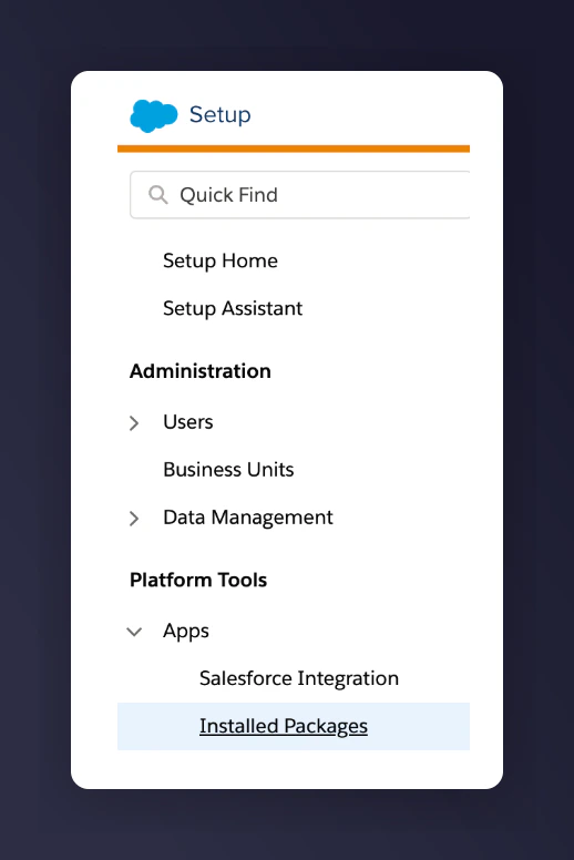 SFMC Setup Installed Packages navigation