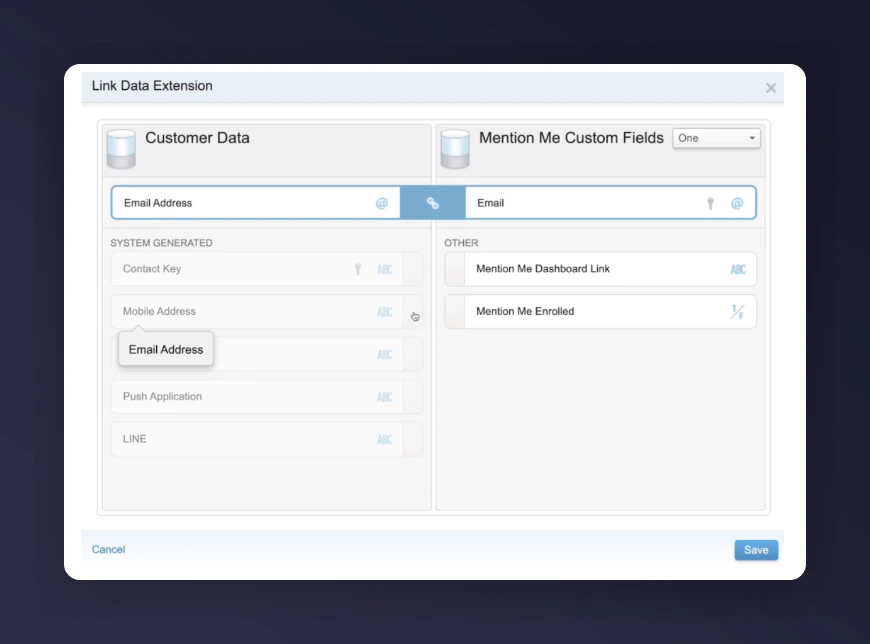 Mapping Mention Me Email field to Email Address