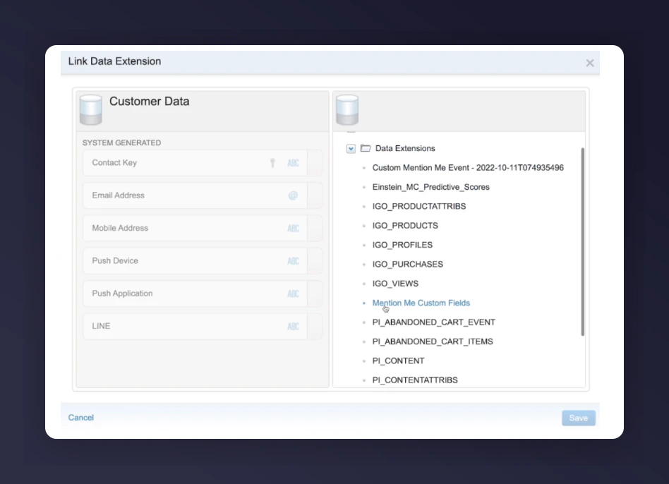 Selecting Mention Me Custom Fields data extension