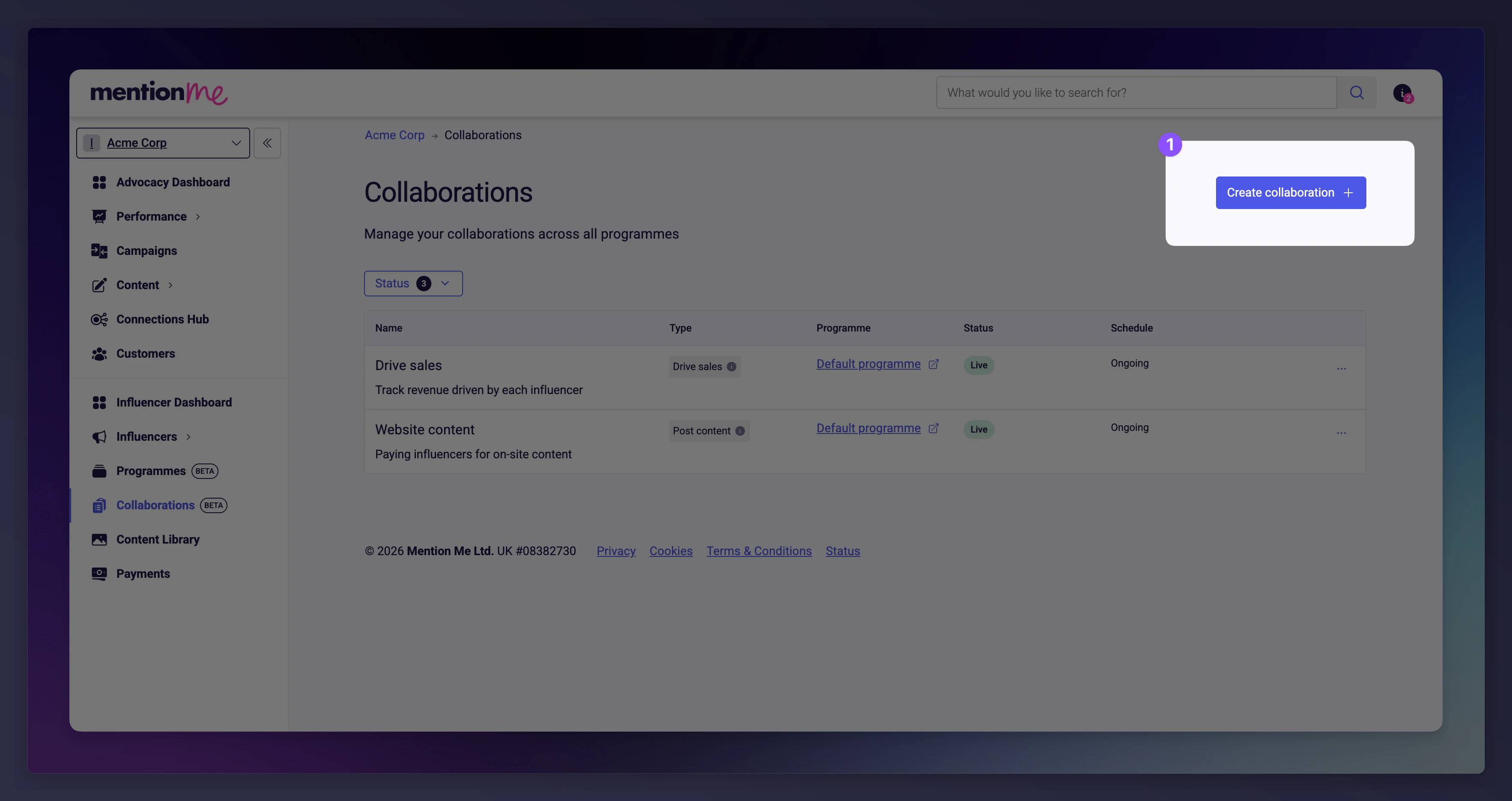 Collaborations page with Create collaboration button