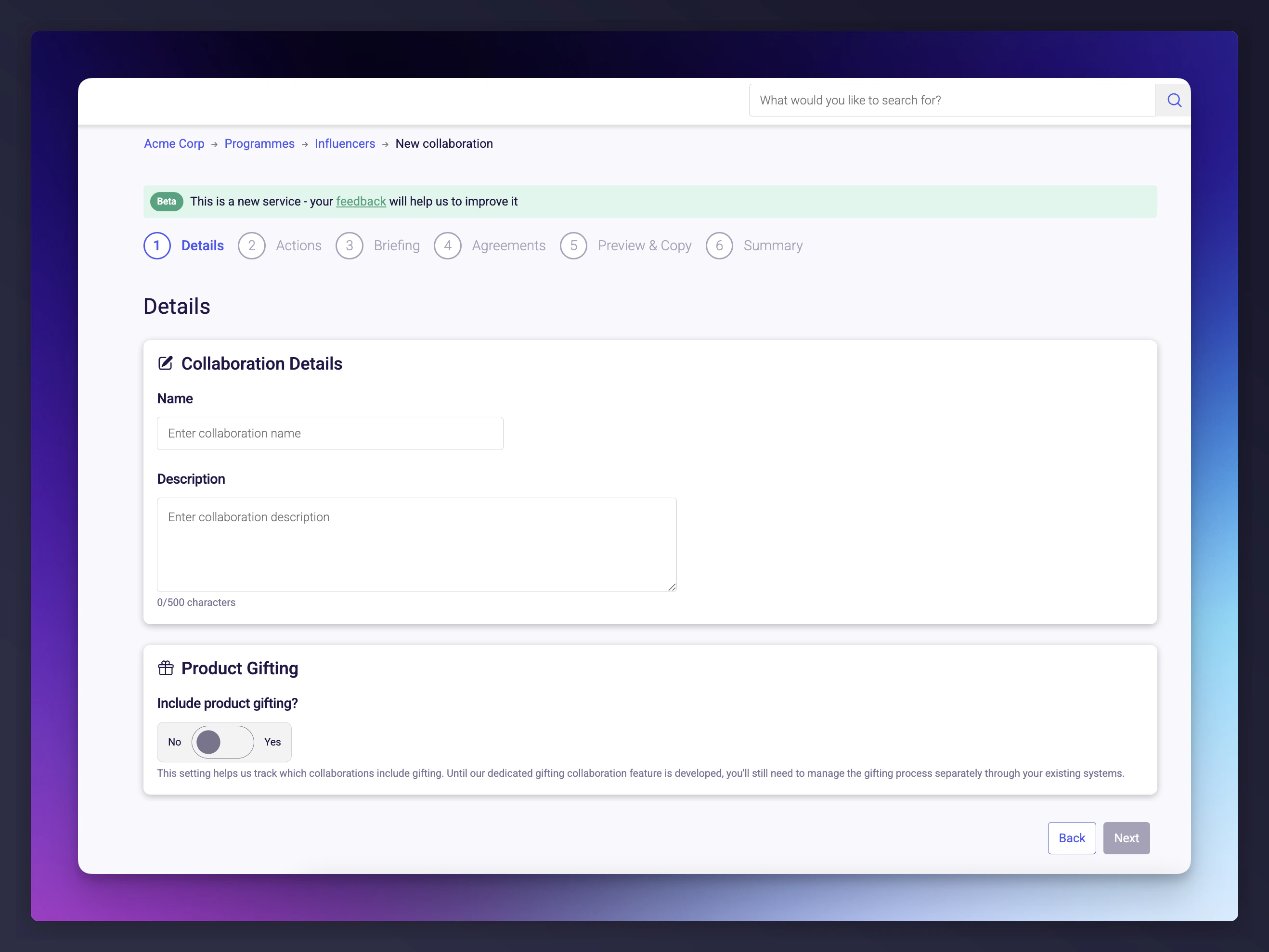 Collaboration details step with name and description fields