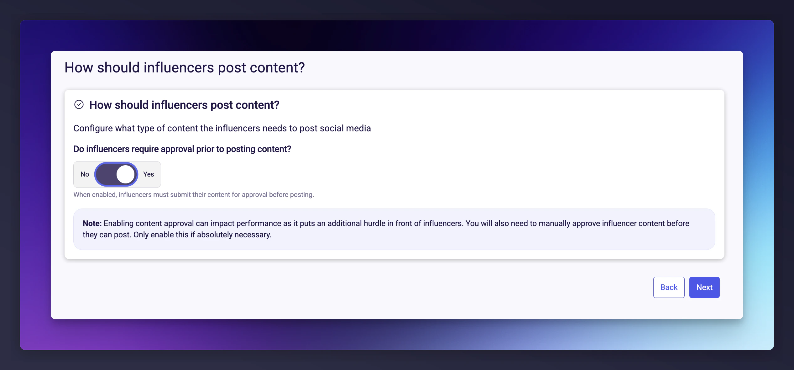 Content requirements and approval settings