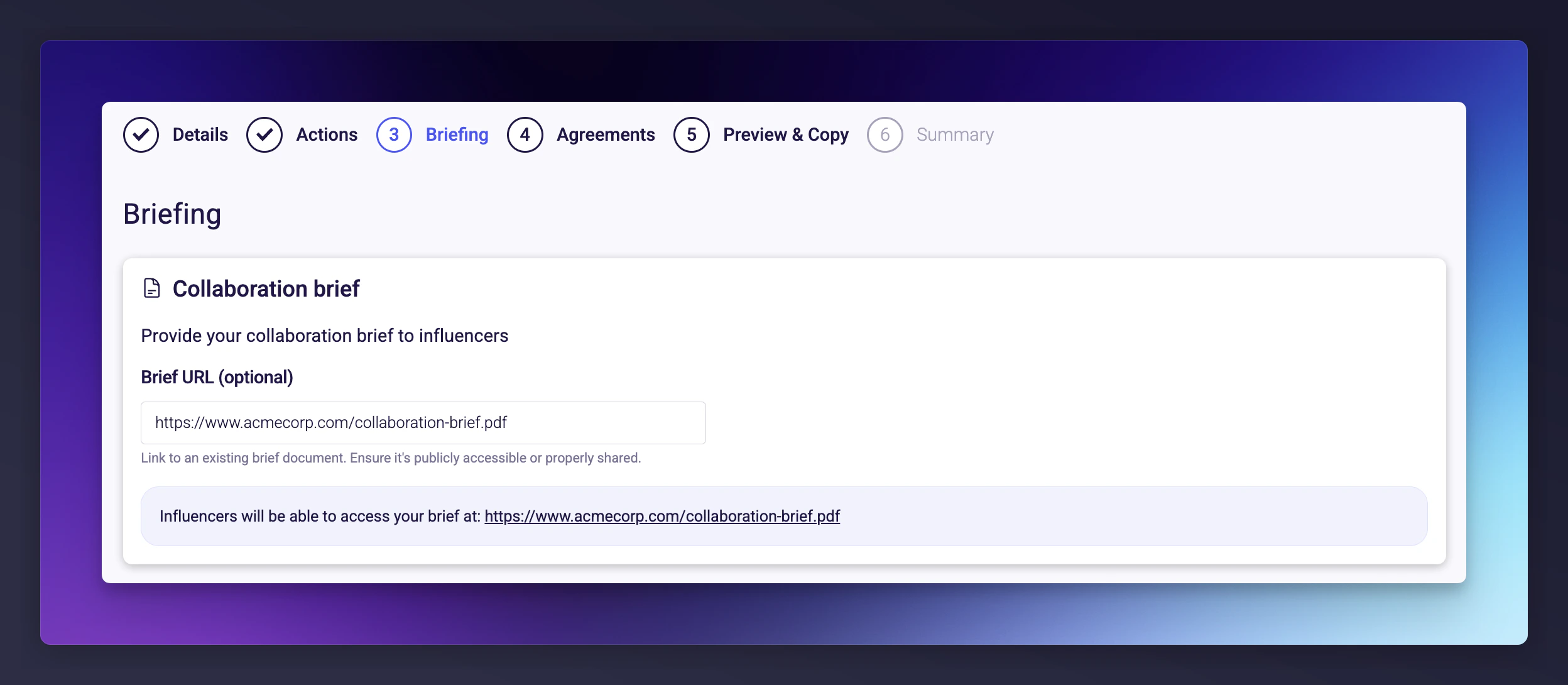 Briefing step with external document link