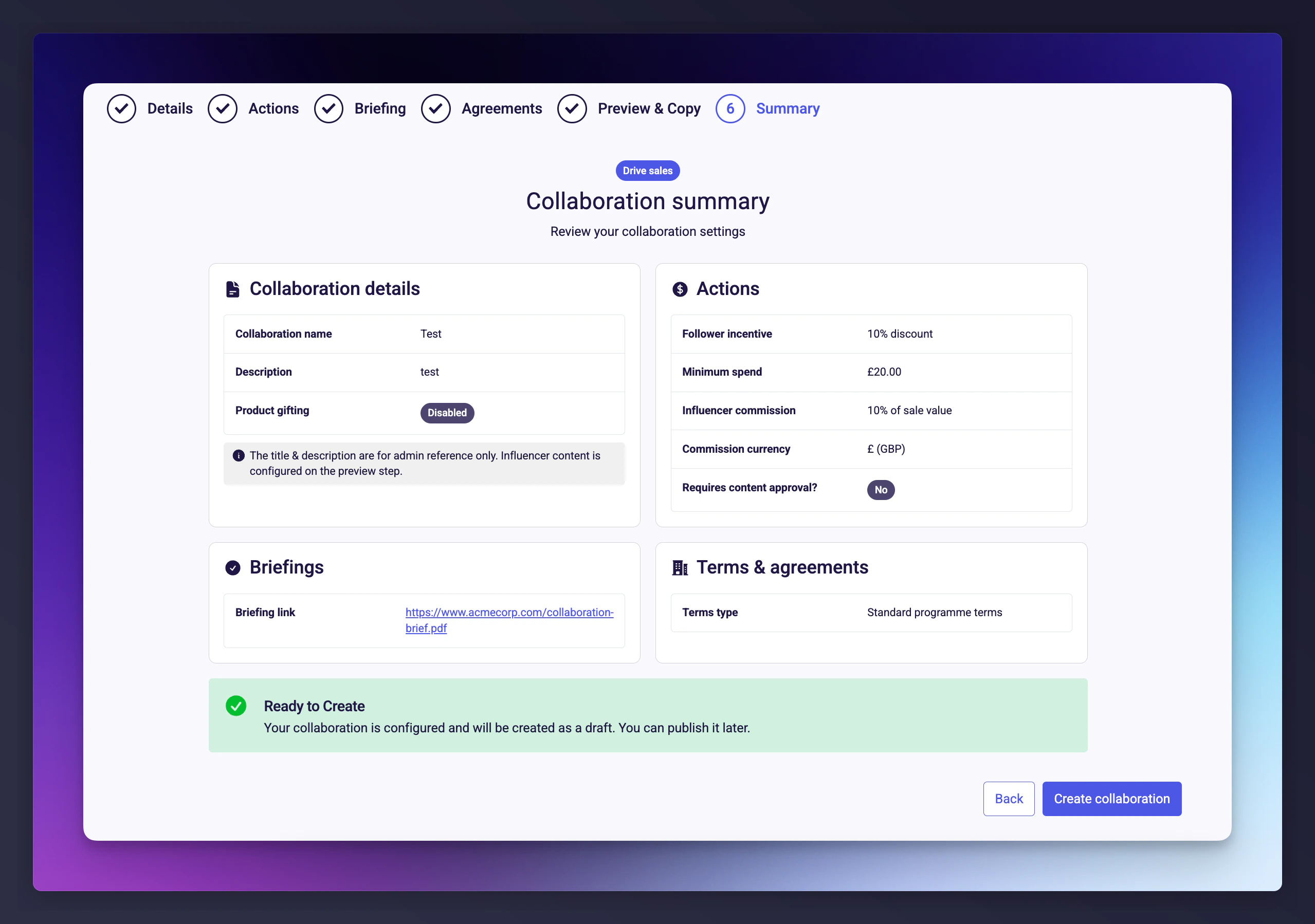 Summary step showing all collaboration settings