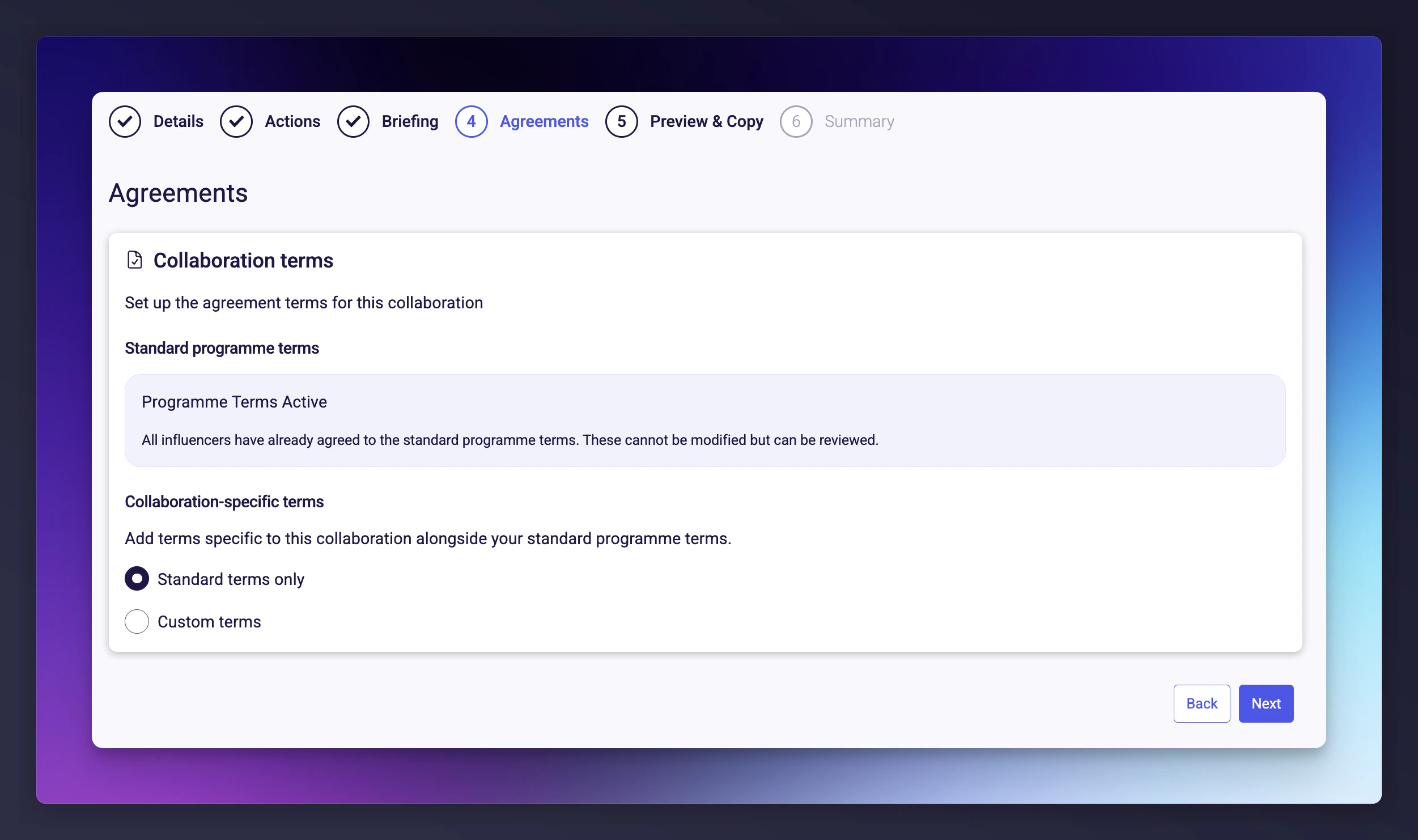 Agreements step with custom terms configuration